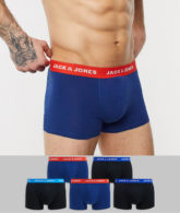 Jack & Jones - Unterhosen mit kontrastierendem Taillenbund im 5er-Pack in Schwarz und Blau-Mehrfarbig
