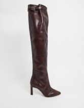 ASOS DESIGN - Kenzie - Overknee-Stiefel aus hochwertigem Leder mit mittelhohem Absatz und Schlangenmuster-Braun