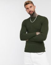 ASOS DESIGN - Enger, gerippter Pullover in Khaki-Grün