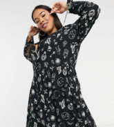 Noisy May Curve - Exklusives Mini-Kleid im Bowlinghemd-Stil mit kosmischem Print-Mehrfarbig