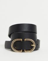 ASOS DESIGN - Schmaler Gürtel aus schwarzem Kunstleder mit runder Schnalle in Gold