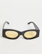 ASOS DESIGN - Eckige Sonnenbrille in Schwarz mit ovalen Gläsern in Gelb