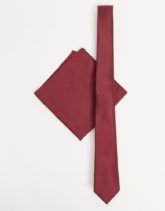ASOS DESIGN - Schmale Krawatte aus Satin und Einstecktuch in Burgunderrot