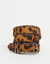 ASOS DESIGN - Superschmaler Gürtel mit Leopardenmuster und runder, silberfarbener Schnalle-Braun