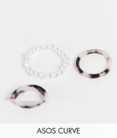 ASOS DESIGN Curve - 3er-Pack Ringe mit elastischen Perlen und aus Kunststoff mit Schildpattoptik-Mehrfarbig