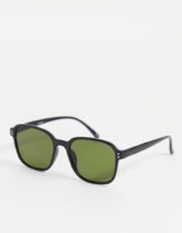 ASOS DESIGN - Eckige Sonnenbrille in Schwarz mit grünen Gläsern