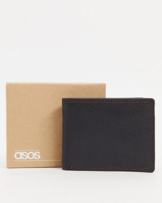 ASOS DESIGN - Brieftasche aus Leder in Schwarz mit Kontrastinnenseite in Burgunderrot und Ziernaht