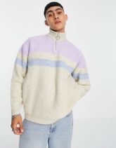 ASOS DESIGN - Flauschiger Pullover mit kurzem Reißverschluss und Streifen-Mehrfarbig