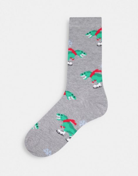 ASOS DESIGN - Socken mit weihnachtlichen Dinosaurier-Motiven-Mehrfarbig
