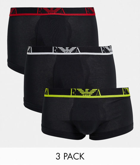 Emporio Armani - Bodywear - 3er-Pack Unterhosen in Schwarz mit Monogramm und farbigem Logobund