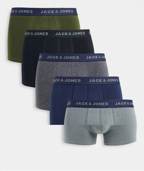 Jack & Jones - 5er-Pack mehrfarbiger Unterhosen mit farblich abgesetztem Bund in Marineblau