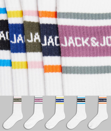 Jack & Jones - Weiße, knöchelhohe Socken mit farbigem Logo im 5er-Pack