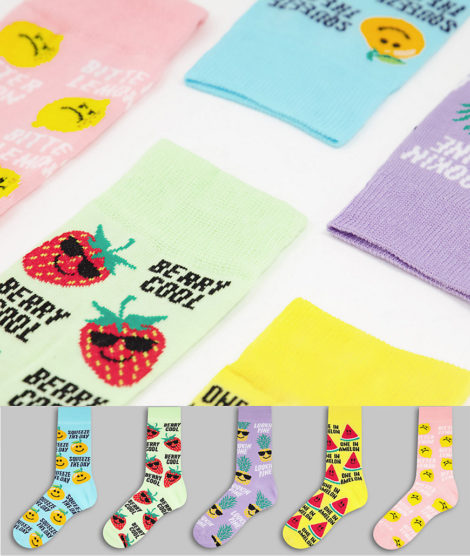 New Look - 5er-Pack Socken in mehreren Farben mit Früchte-Prints-Mehrfarbig