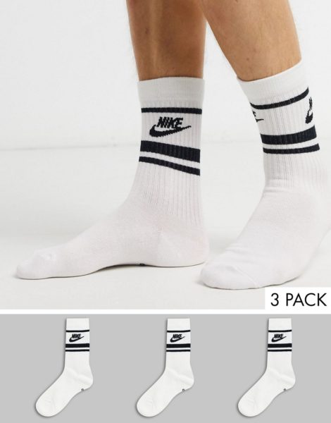 Nike - Essential - 3er Packung weiße, gestreifte Socken mit schwarzem Logo