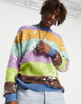 ASOS DESIGN - Durchgehend mit Pailletten besetzter Pullover mit Streifen in Regenbogen-Optik-Mehrfarbig