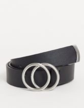 ASOS DESIGN - Enger Gürtel aus Kunstleder in Schwarz mit doppelter, runder Silberschnalle