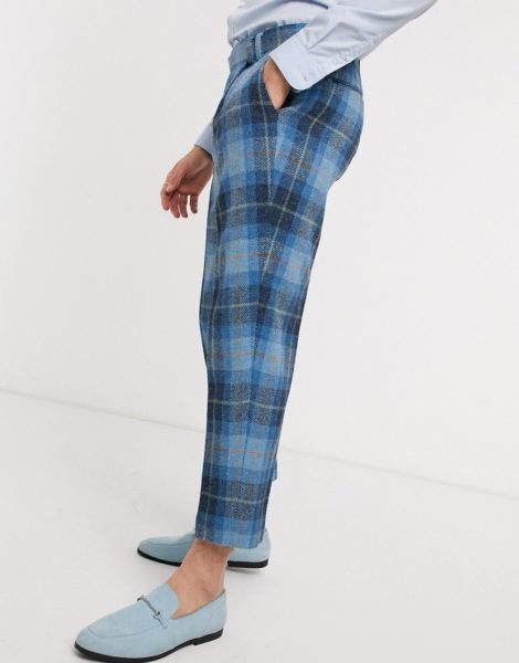 ASOS DESIGN - Schmale, kurz geschnittene, elegante Hose aus Harris-Tweed aus 100% Wolle in Blau kariert