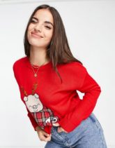 Brave Soul - Weihnachtspullover mit Schweinchen-mit-Decke-Motiv-Rot