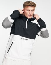 Hollister - Jacke in Schwarz/Weiß/Grau zum Überziehen mit Logo vorne und hinten, Farbblockdesign und Kapuze
