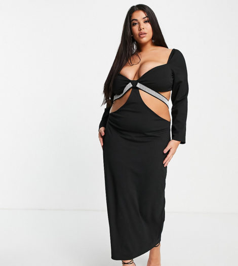 Yaura Plus - Midaxi-Kleid in Schwarz mit Zierausschnitten und Strassdetails