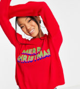 ASOS DESIGN Petite - Weihnachtspullover in Rot mit "Merry Christmas"-Schriftzug