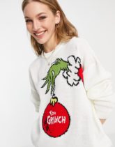 ASOS DESIGN - Weihnachtspullover mit Grinch-Motiv-Weiß