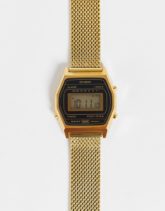 Casio - Digitale Unisex-Uhr im Vintage-Design mit Netzarmband in Gold-Optik-Goldfarben