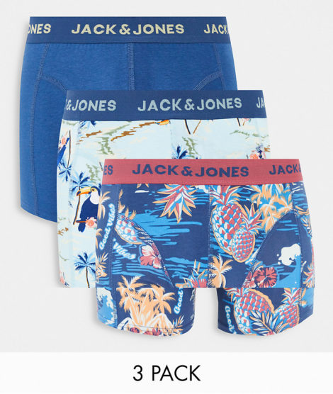 Jack & Jones - 3-Pack Unterhosen mit tropischem Muster-Blau
