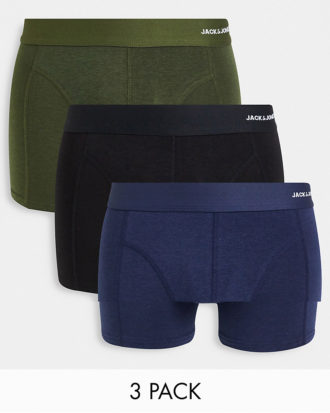 Jack & Jones - 3er-Pack Unterhosen aus Bambusfasern in Schwarz, Marineblau und Khaki-Grün