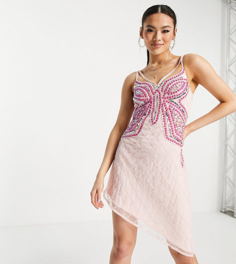Starlet - Exklusives, transparentes Overlay-Kleid in Rosa mit Paillettenbesatz und Schmetterlingsdesign