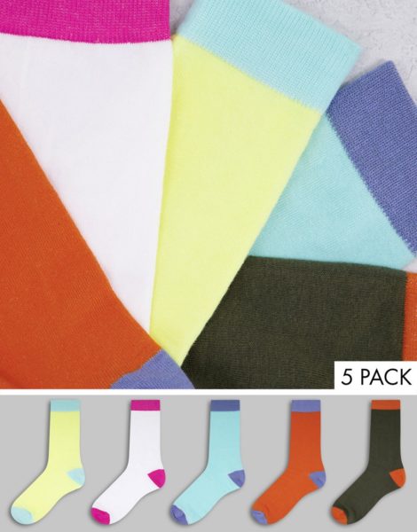 ASOS DESIGN - 5er-Pack Socken mit Farbblockdesign in Pastellfarben-Mehrfarbig