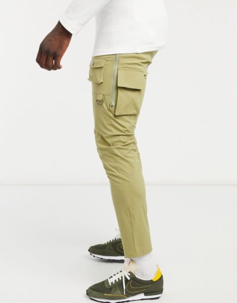 ASOS DESIGN - Enge Hose mit Seitenreißverschluss in hellem Khaki-Grün