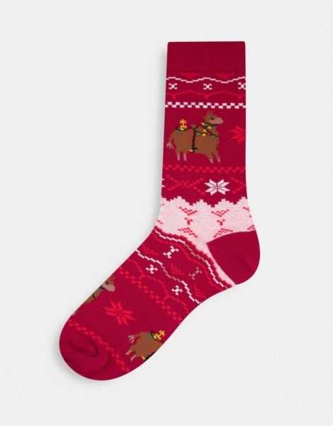 ASOS DESIGN - Knöchelhohe Socken mit weihnachtlichem Norwegermuster und Lama in Rot
