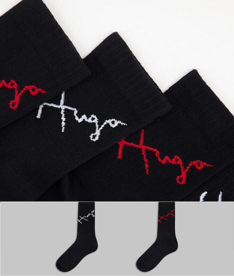 Hugo - Gerippte Socken in Schwarz mit Schriftzug-Logo im 2er-Pack