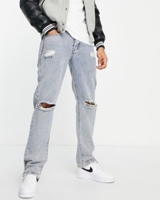 Liquor N Poker - Jeans in mittelblauer Waschung mit geradem Schnitt und Reißverschluss-Details am Saum