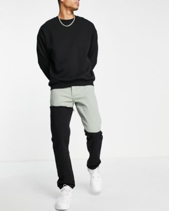Liquor N Poker - Jeans mit geradem Bein und gespleißtem Design in Schwarz mit Salbeigrün