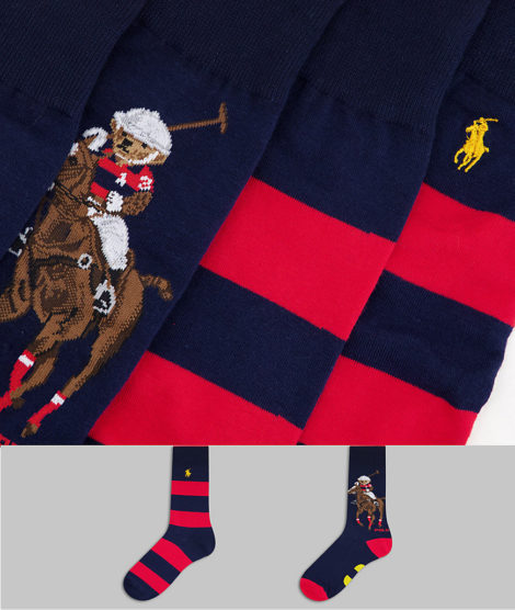 Polo Ralph Lauren - 2er-Pack Socken in Marineblau/Rot gestreift und Bären-Polospielerlogo