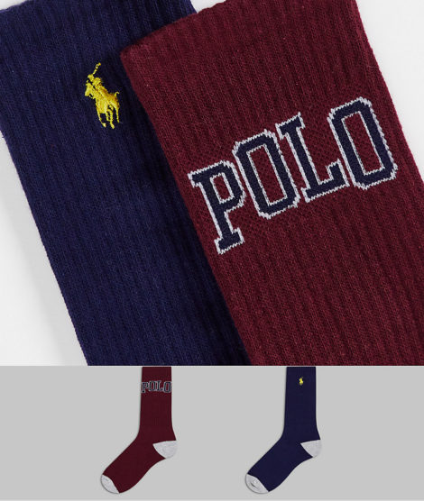 Polo Ralph Lauren - 2er-Pack Socken mit College-Print in Rot/Marineblau und Pony-Logo