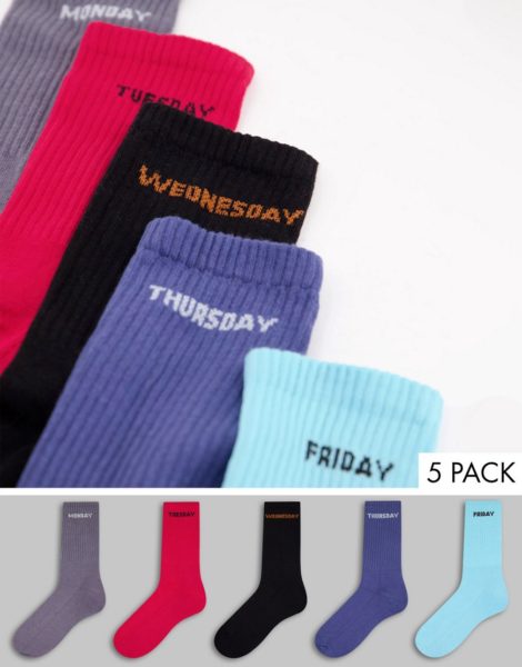 River Island - 5er-Pack mehrfarbige Socken mit Wochentagen-Rot