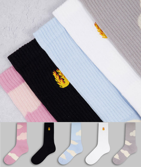 Topman - 5er-Pack hohe Socken mit Wolkenmotiv in unterschiedlichen Farben-Mehrfarbig