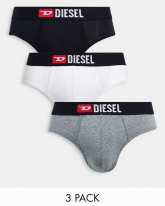 Diesel - 3er-Pack Slips in Schwarz/Weiß/Grau mit D-Logobund-Bunt