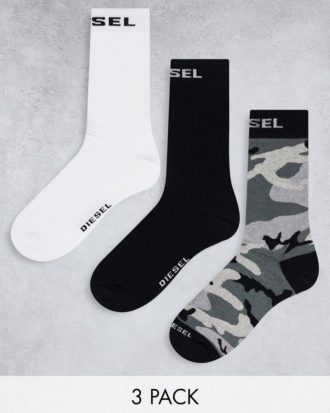 Diesel - 3er-Pack Socken in Schwarz/Weiß/Schwarz mit Military-Muster-Bunt