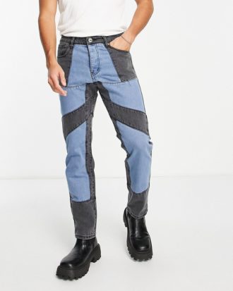 Liquor N Poker - Gerade geschnittene Jeans in verwaschenem Mittelblau mit schwarzen Einsätzen, Kombiteil-Bunt