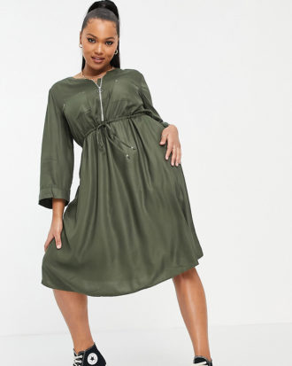 Simply Be - Utility-Kleid in Khaki mit Reißverschluss-Grün