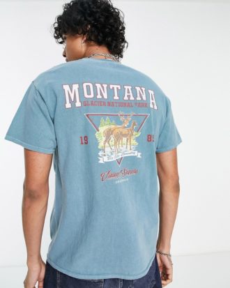 Vintage Supply - T-Shirt in Blaugrün mit "Montana"-Retroprint