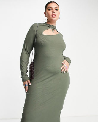 ASOS DESIGN Curve - Geripptes Kleid mit asymmetrischem Zierausschnitt und langen Ärmeln mit Daumenlöchern-Grün