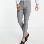ASOS DESIGN - Elegante Hose aus Wollmischung mit superengem Schnitt und kleinem Hahnentrittmuster-Grau