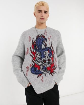 AllSaints - Pullover mit Viper-Print im Used-Look in Grau