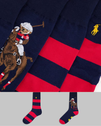 Polo Ralph Lauren - 2er-Pack Socken in Marineblau/Rot gestreift und Bären-Polospielerlogo