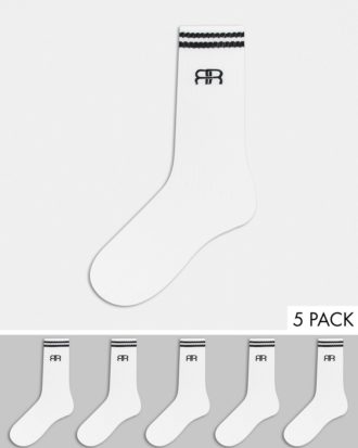 River Island - 5er-Set lange Socken in Weiß mit Streifendesign